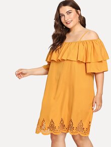 Flounce Layered Neck Laser Cut Hem Dress