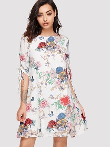 Shirred Drawstring Sleeve Botanical Dress