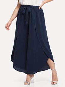 Self Belted Solid Wide Leg Pants