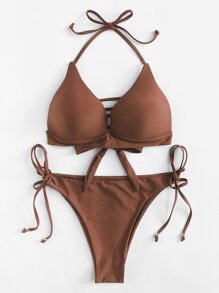 Self Tie Halterneck Strappy Bikini Set