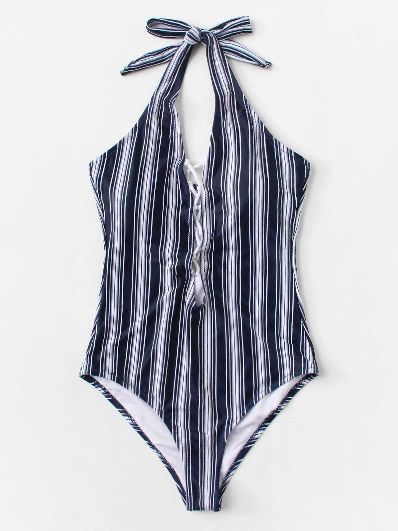 Plus Lace Up Front Halterneck Striped Swimsuit