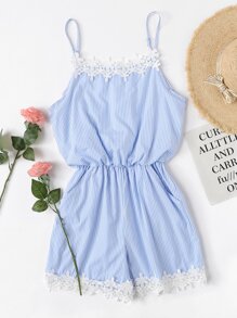 Lace Trim Striped Cami Romper