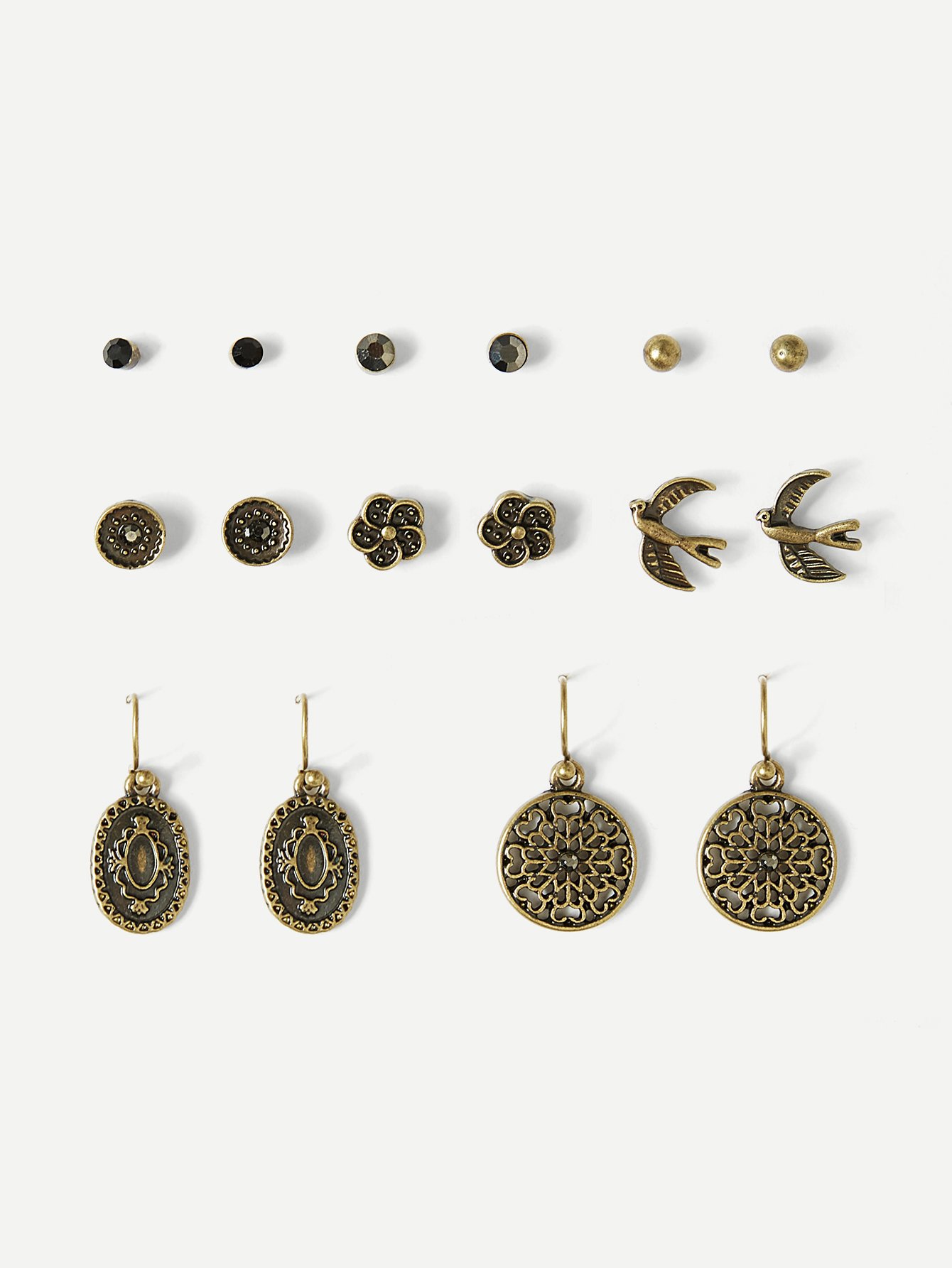 Bird & Flower Detail Stud And Drop Earrings 8pairs