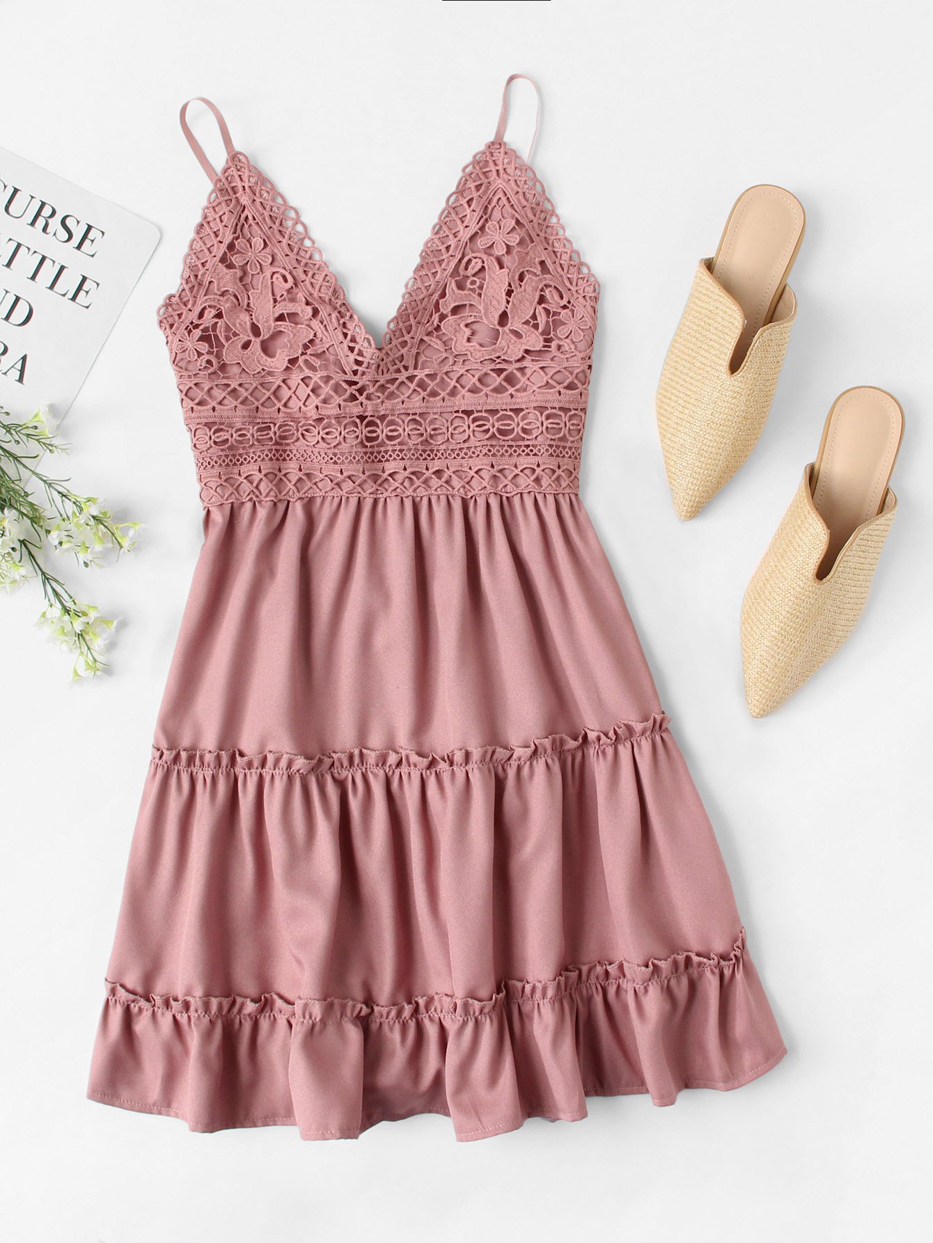 Contrast Lace Knot Back Ruffle Hem Cami Dress