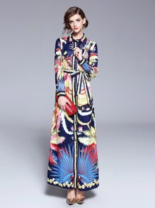 Graphic Print Tie Waist Longline Shirt Dress