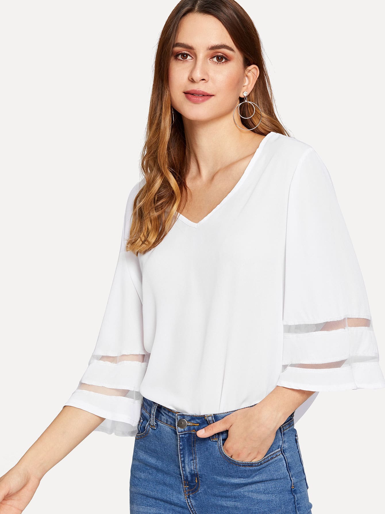 Mesh Panel Sleeve V Neckline Top mesh panel sleeve dress