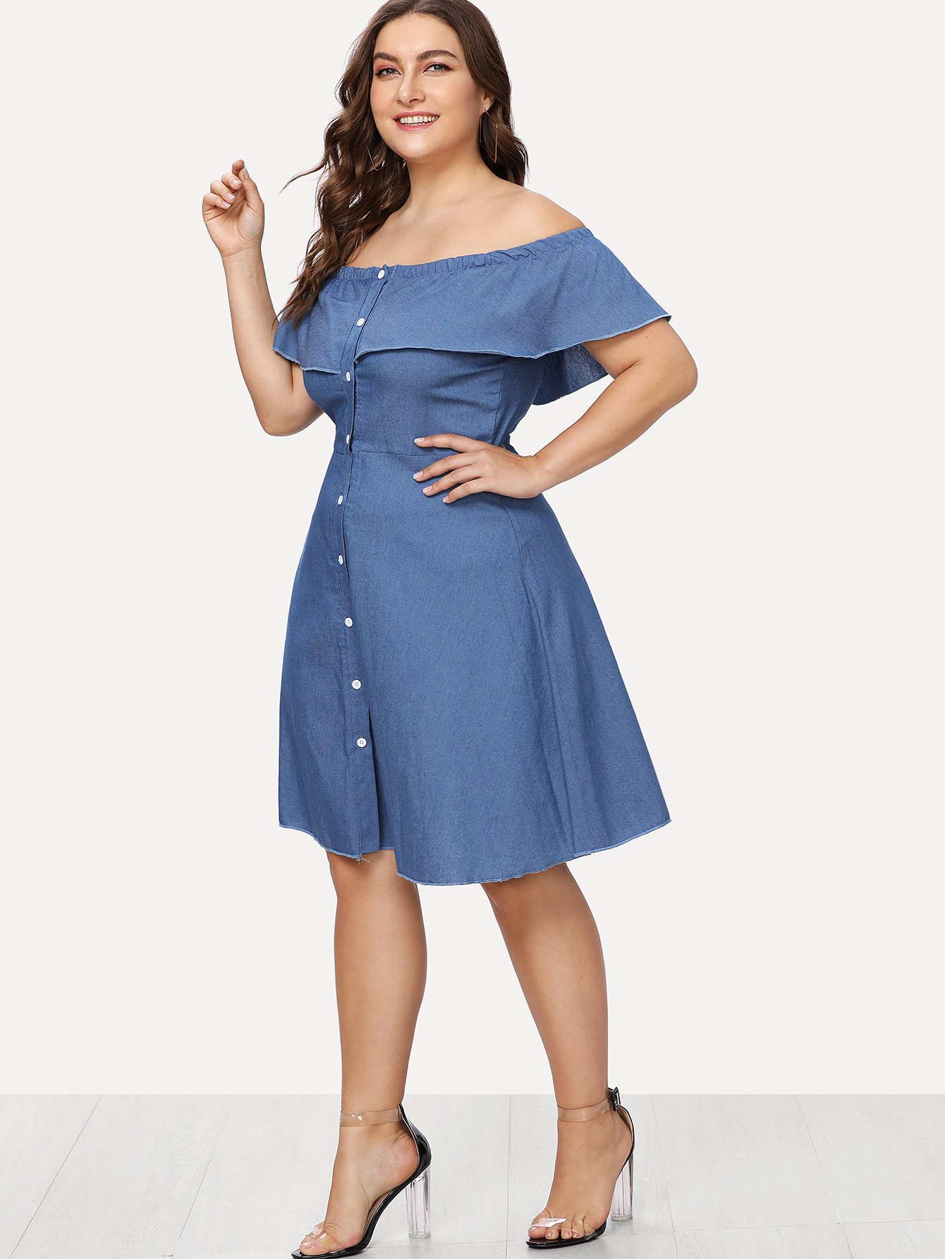 Plus Off Shoulder Single Breasted Front Ruffle Dress