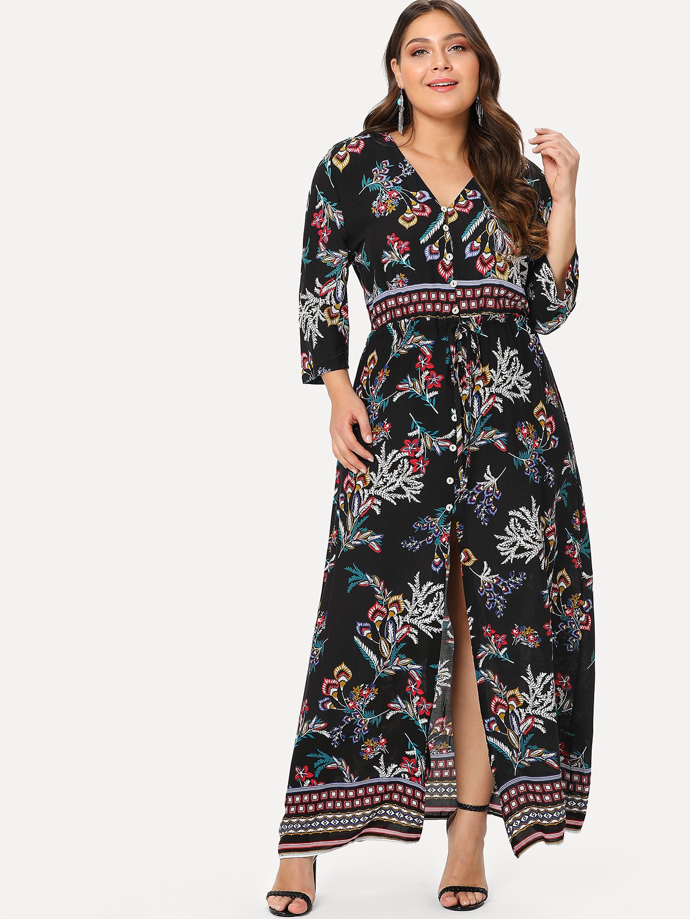 Plus Floral Print Single Breasted Split Hem Dress