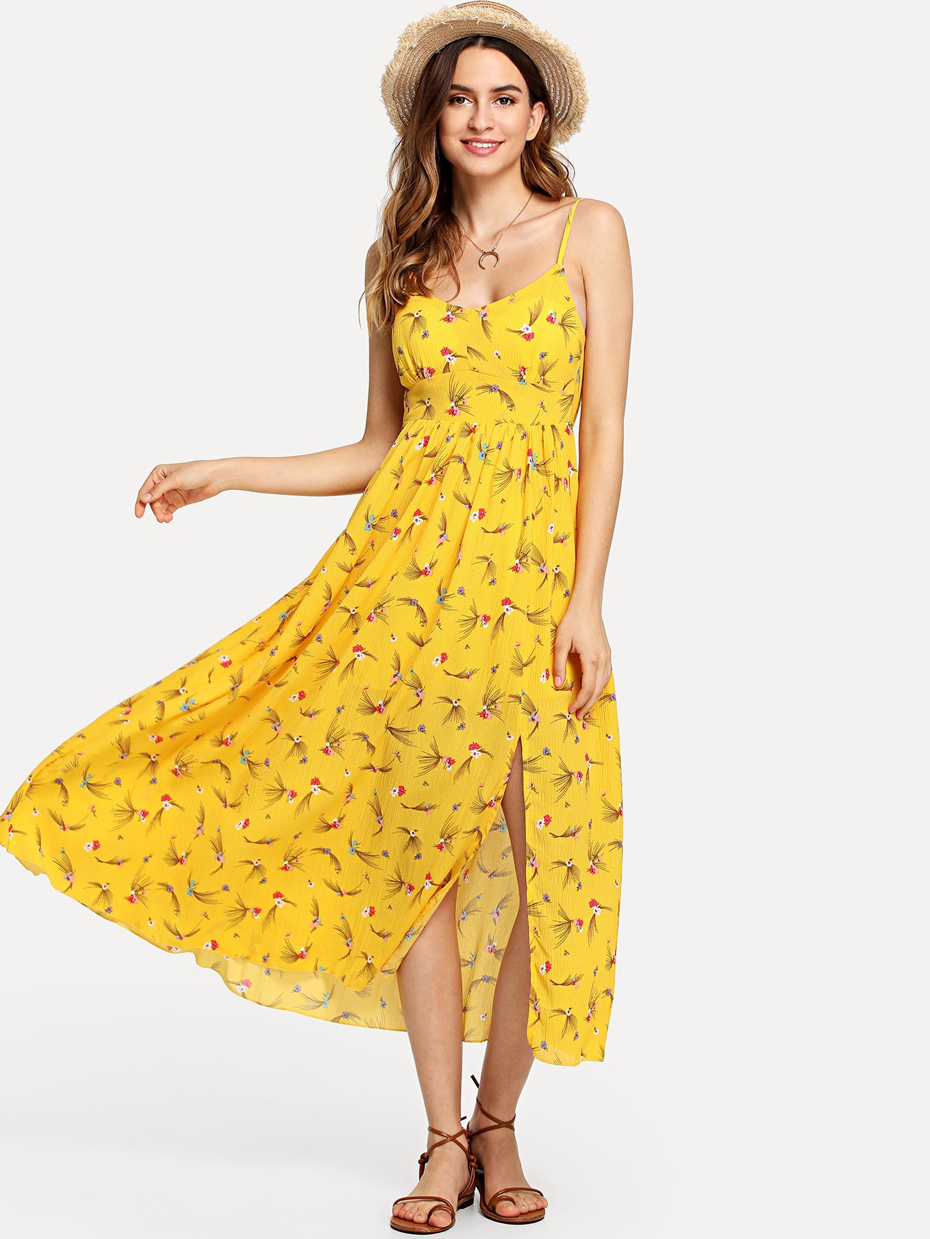 Floral Print Split Hem Knot Cami Dress floral print split hem jumpsuit