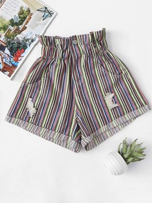 Elastic Waist Cuffed Hem Striped Denim Shorts