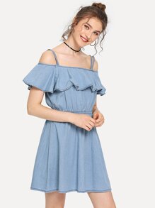 Elastic Waist Strappy Denim Dress