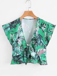 Foliage Print Ruffle Blouse