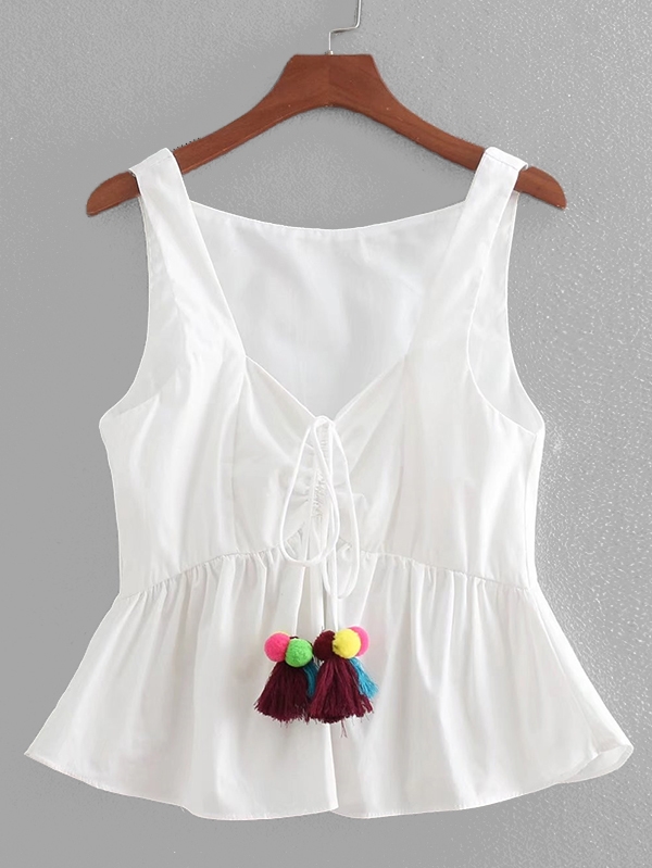 Pom Pom Tassel Detail Pep Hem Top pom pom tassel ethnic pendant earrings