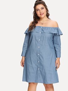 Off-Shoulder Ruffle Hem Denim Dress
