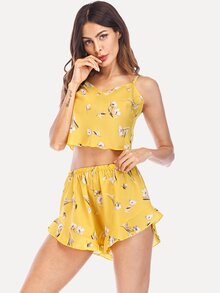 Flower Print Crop Top & Shorts PJ Set