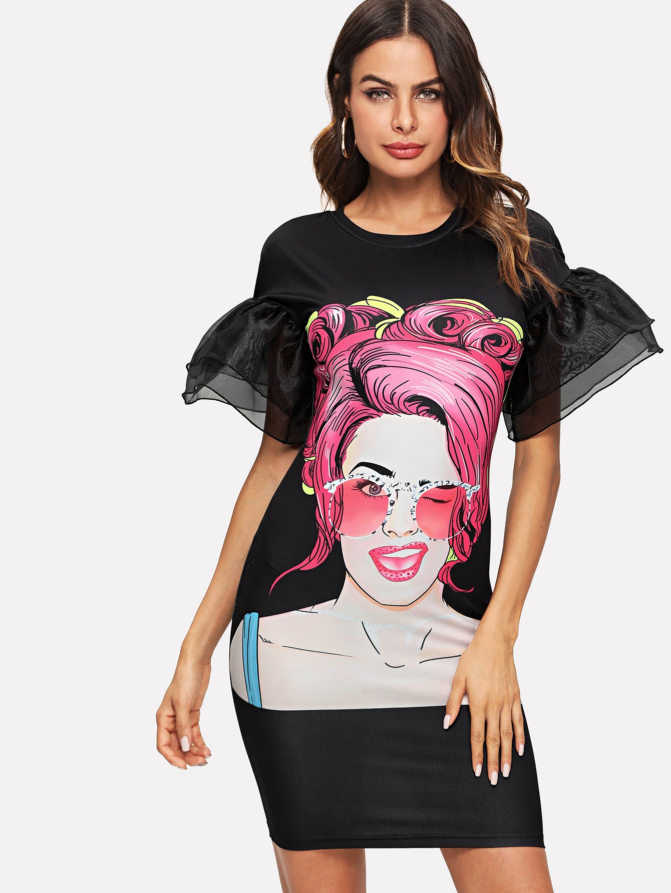 Фигура Печать Слоеное платье из органзы Ruffle Sleeve