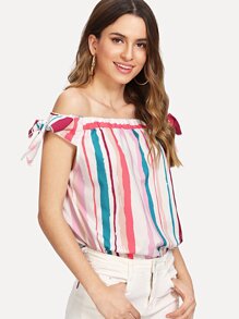 Off Shoulder Knot Sleeve Striped Top