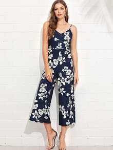 V Neckline Split Side Floral Jumpsuit