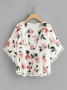 Floral Print Fringe Trim Kimono