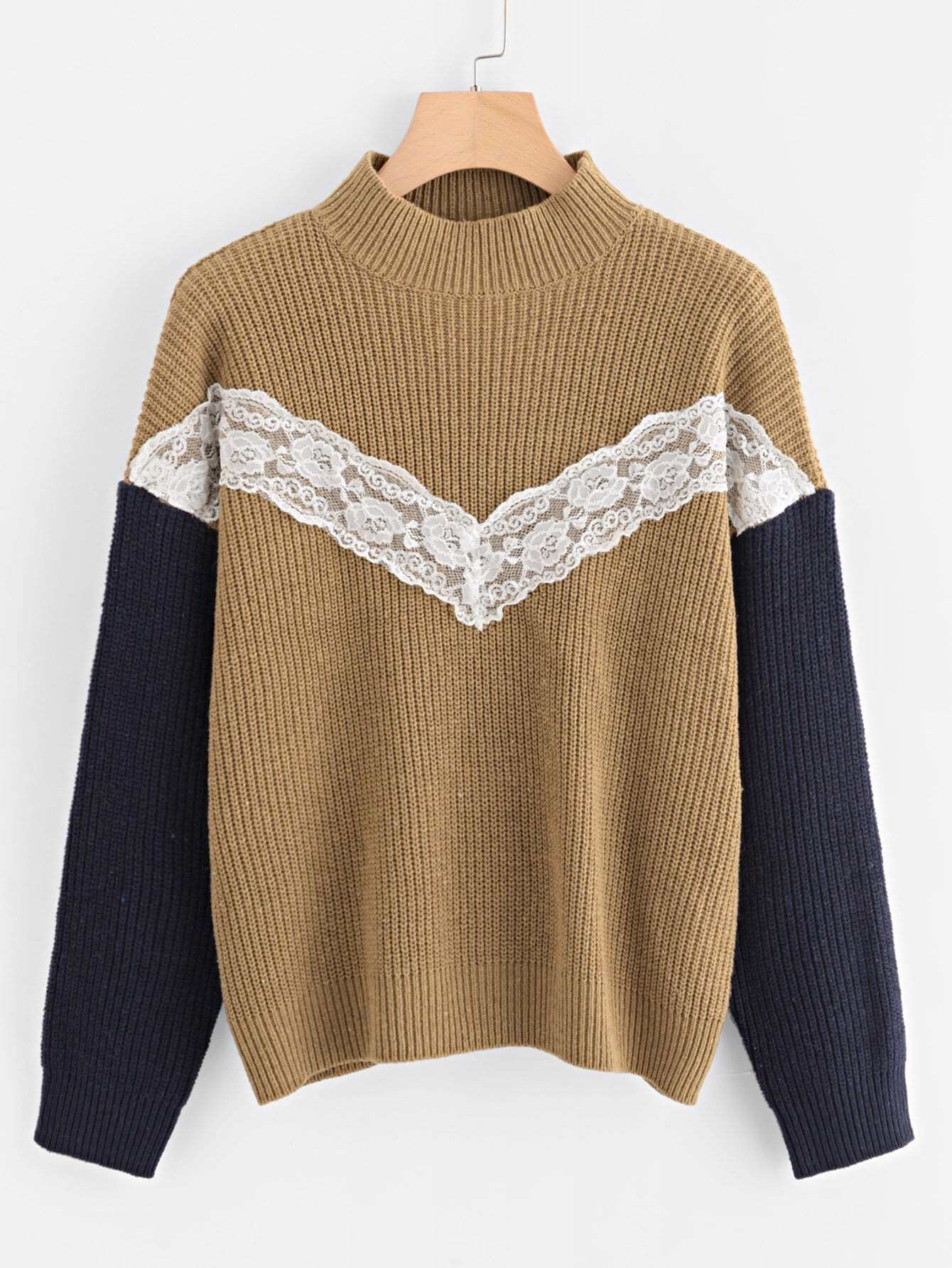 Кружева аппликация Контраст рукав свитер