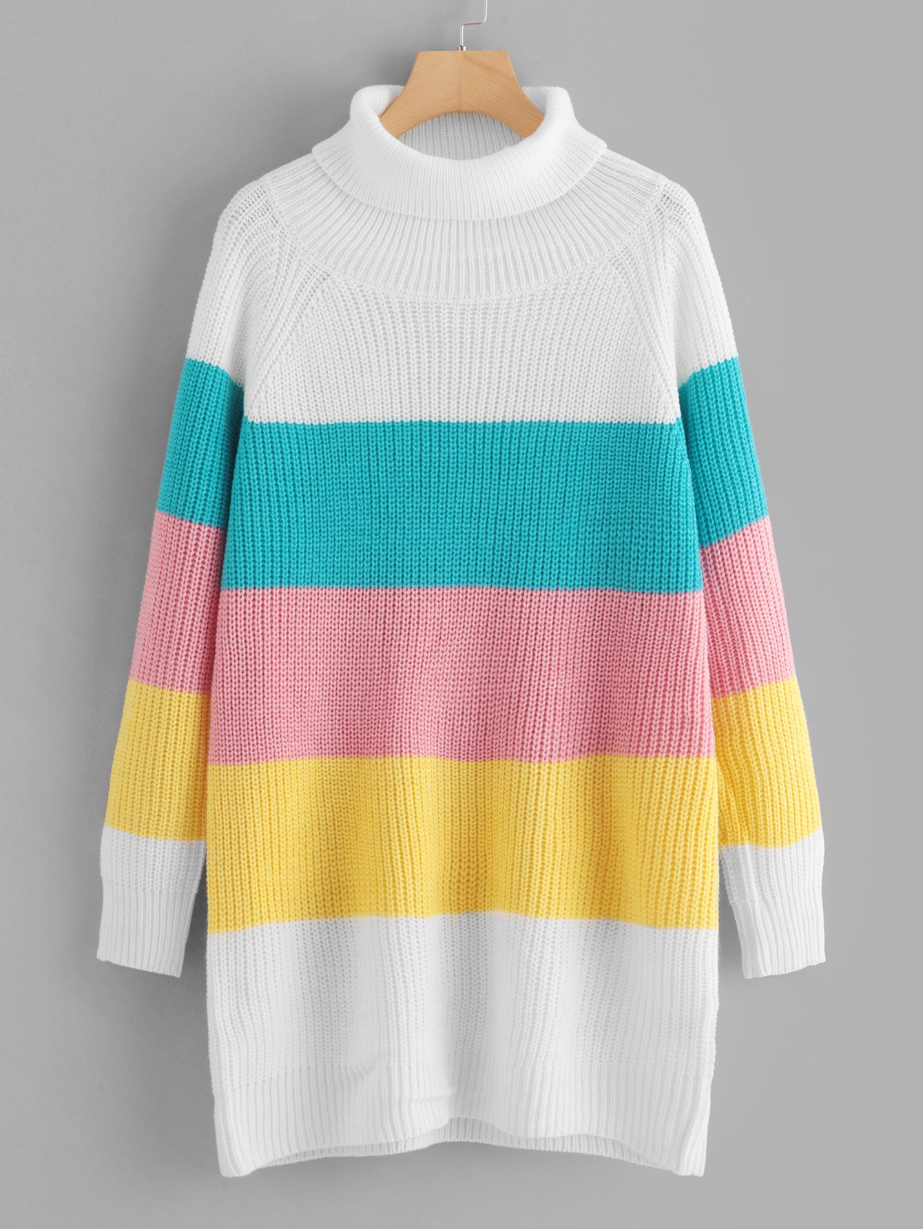 Черепаха шеи Raglan рукава полосатый ярусный свитер