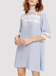 Dot Mesh Panel Guipure Lace Trim Dress