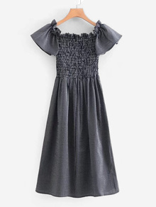 Shirred Bardot Frill Trim Pinstriped Dress