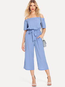 Open-Shoulder Tie Waist Wide Leg Jumpsuit