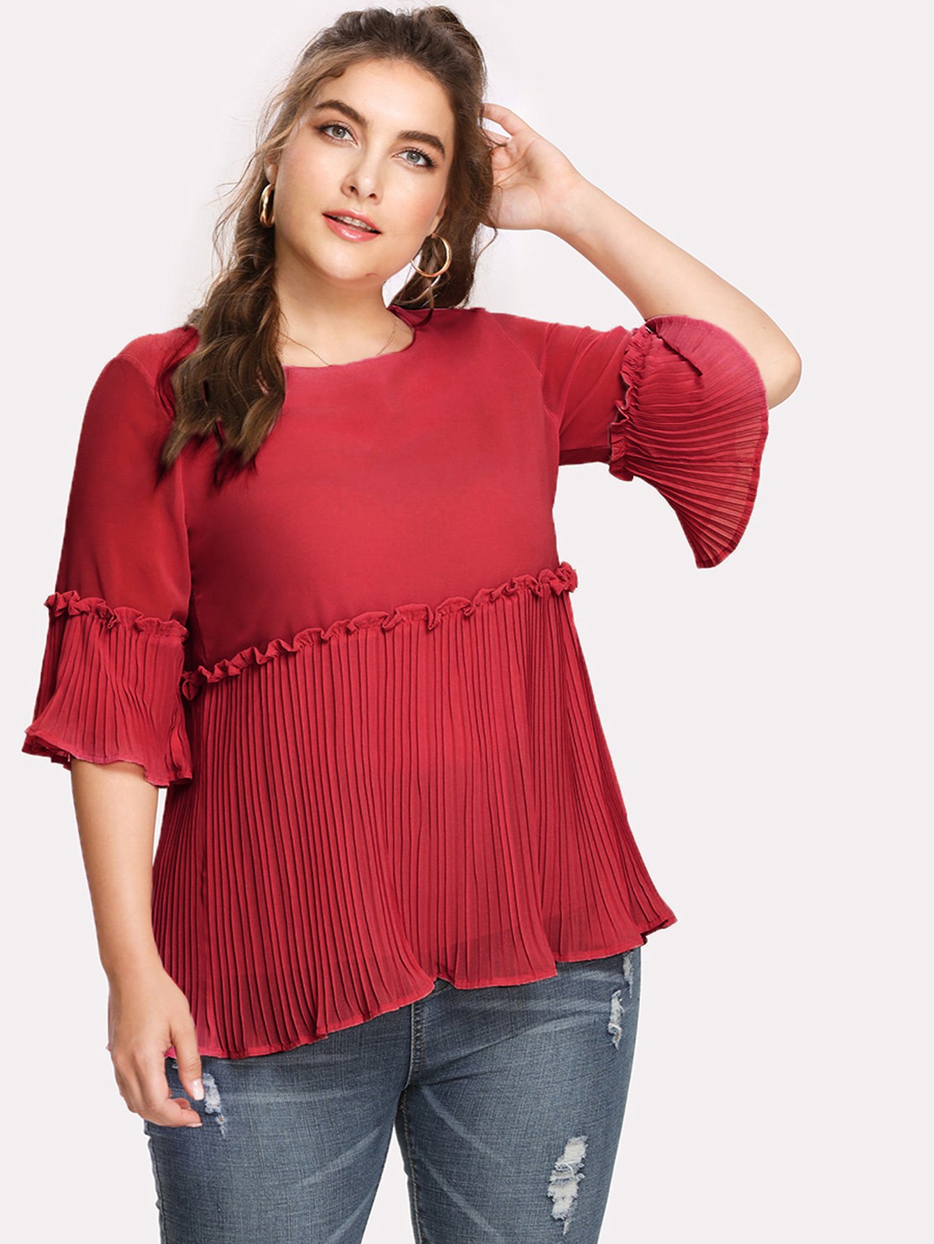 Plus Pleated Detail Frill Trim Chiffon Blouse