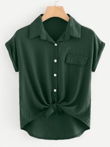Rolled Cuff Knotted Hem Shirt