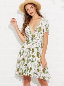 Deep V Neckline Single Breasted Printed Dress