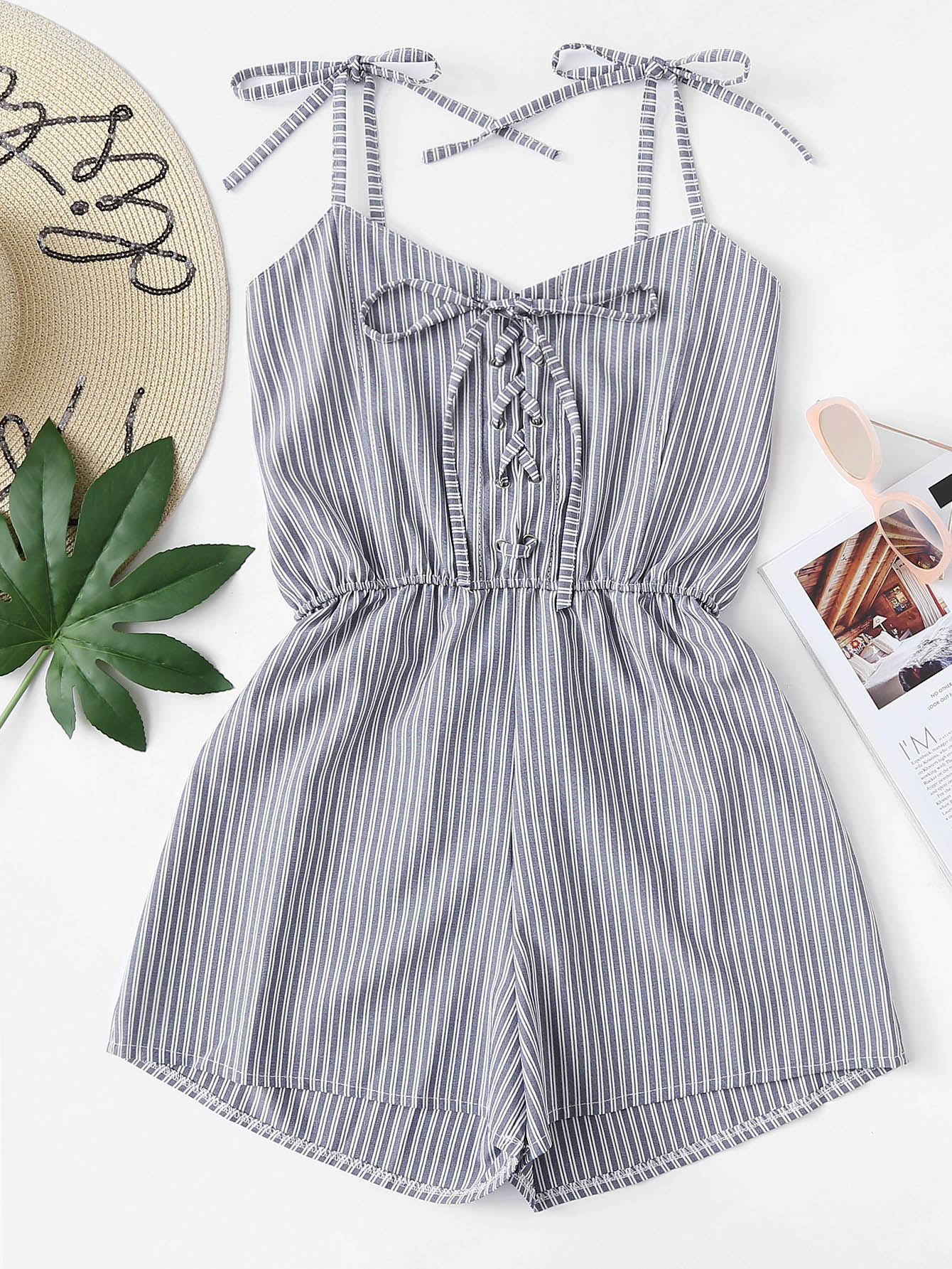 Tie Shoulder Eyelet Lace-Up Striped Jumpsuit