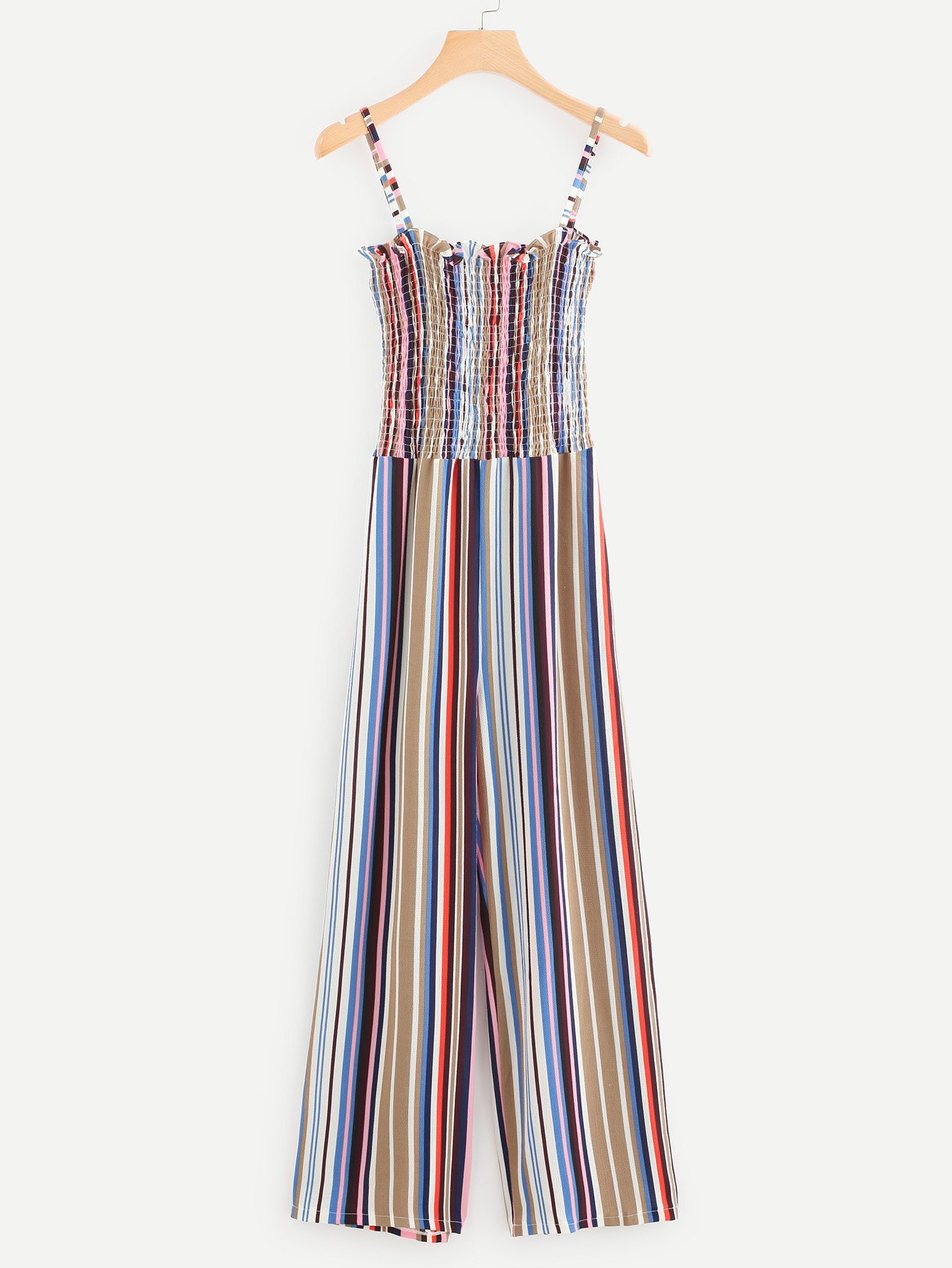 Multi Striped Frill Trim Shirred Cami Jumpsuit