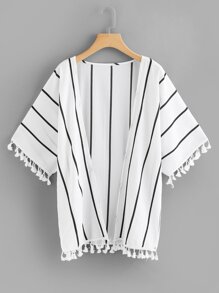 Tassel Trim Striped Kimono