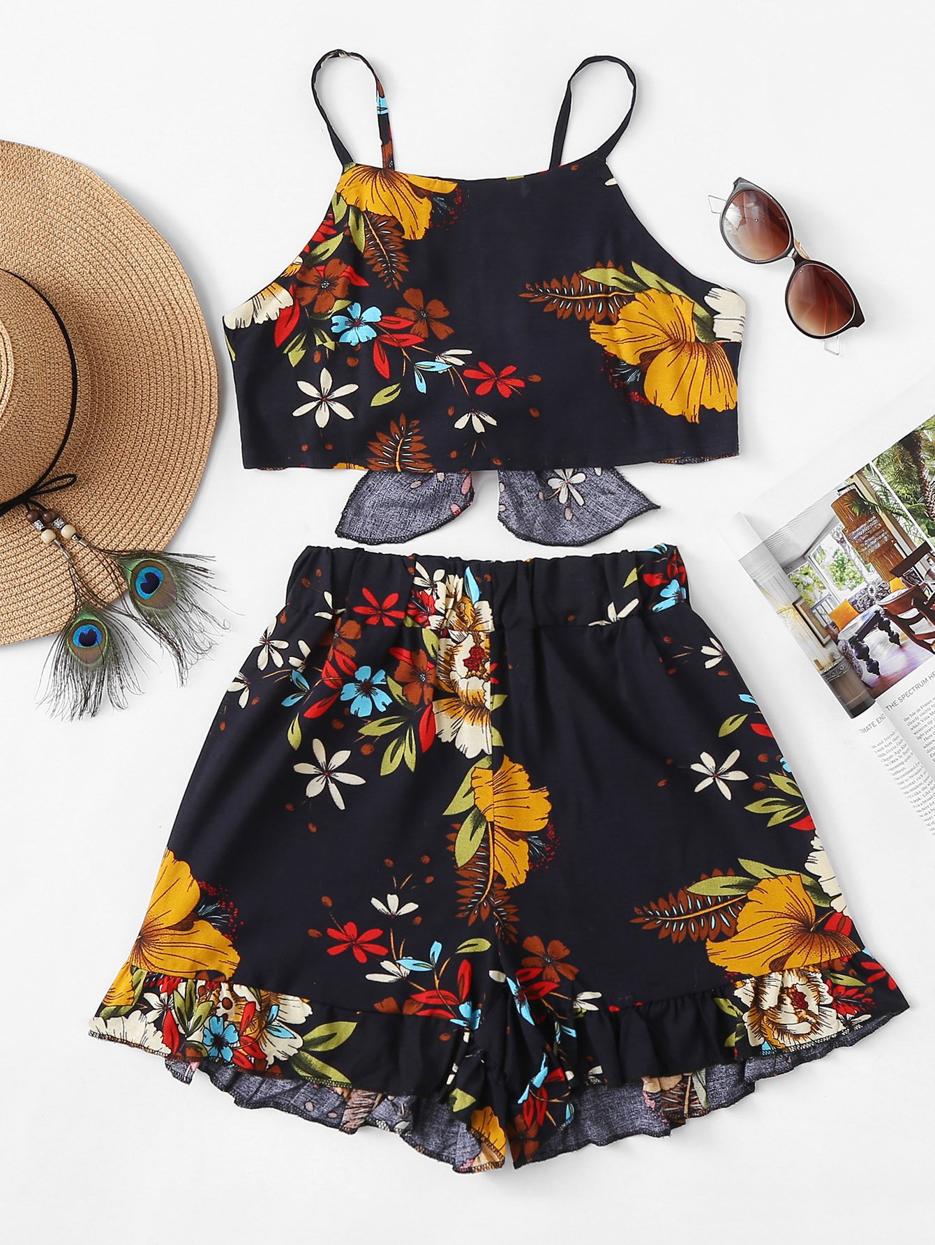 Tie Back Botanical Print Cami Top With Shorts