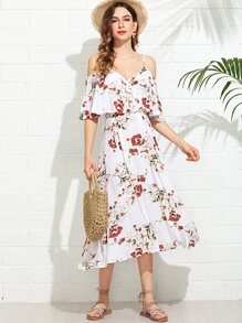 Wrap Front Cold Shoulder Floral Dress