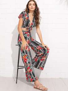 Knot Front Floral & Striped Top & Pants Set