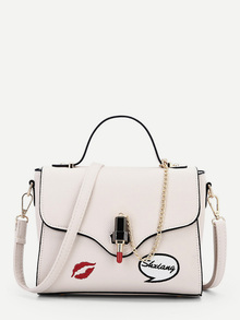 Letter & Lip Embroidered PU Shoulder Bag