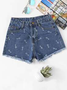 Frayed Hem Key Print Denim Shorts