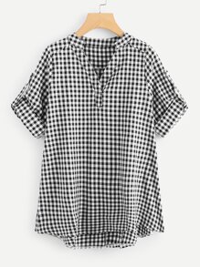 Gingham Roll Tab Sleeve Dip Hem Blouse