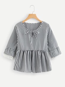 Tie Neck Lace Trim Striped Top