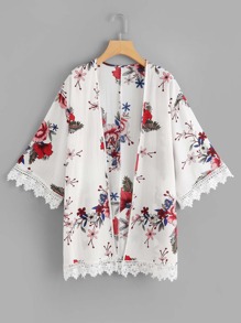Crochet Trim Floral Print Kimono