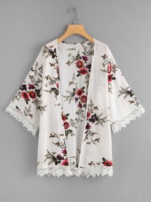 Crochet Trim Floral Print Kimono