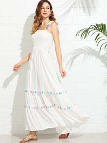 Tasseled Tie Shoulder Smocked Dress