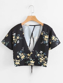 Florals Overlap Back Tie Back Crop Top
