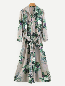 Foliage Print Striped Shirt Dress