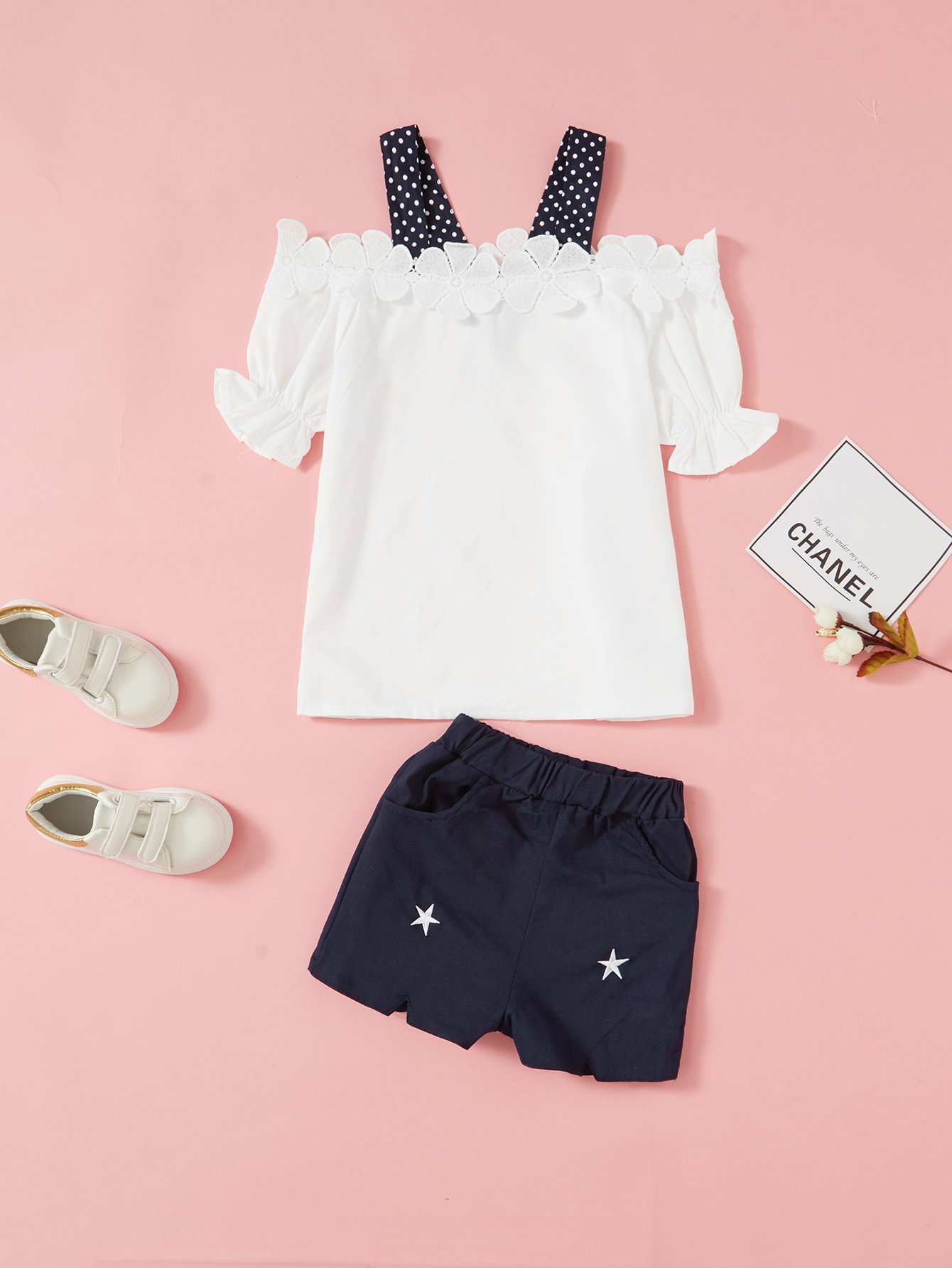 Kids Open Shoulder Lace Panel Top With Shorts