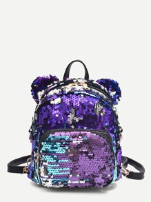 Pocket Front Sequins Backpack With Ear
