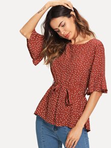 Tie Waist Ruffle Hem Dot Print Blouse