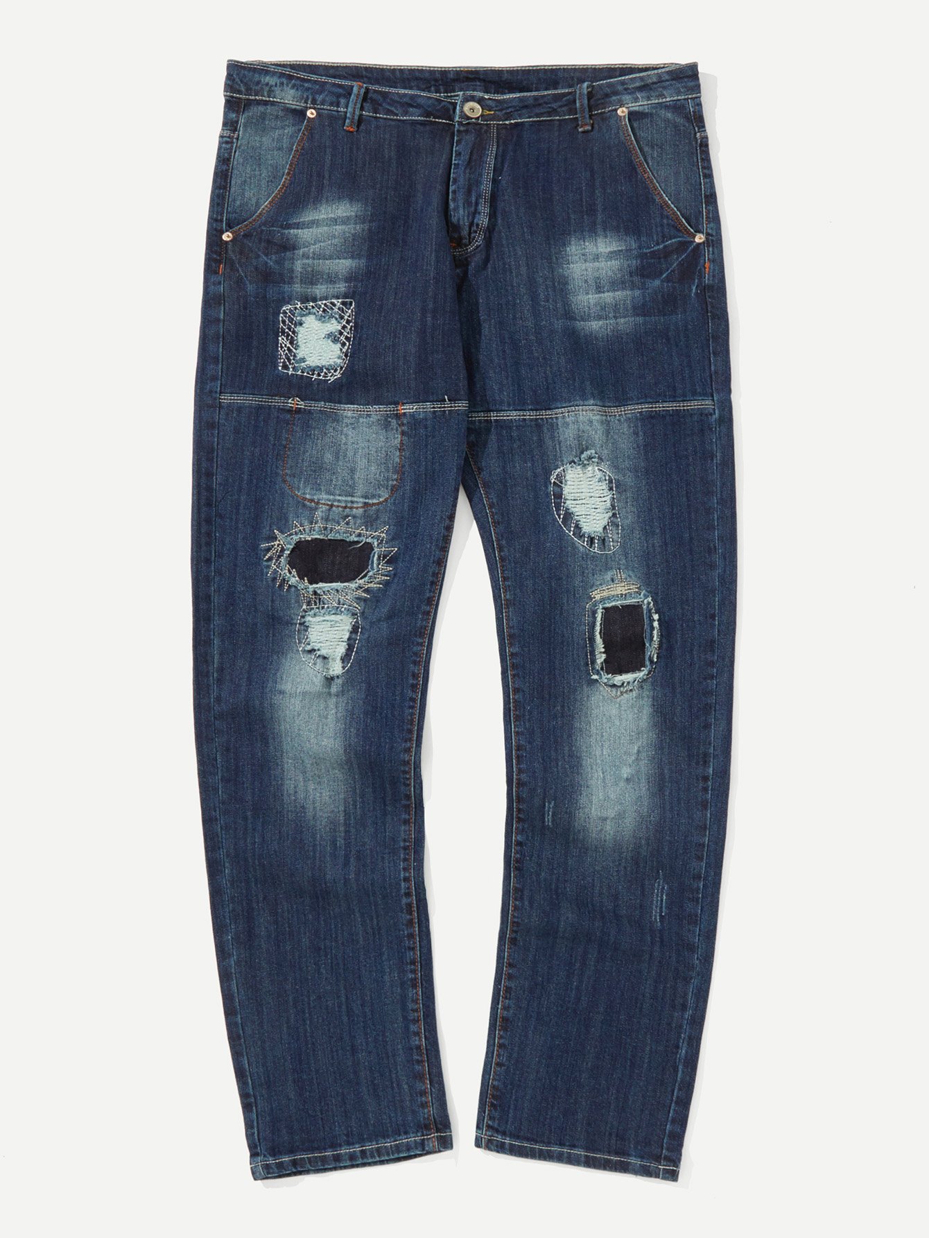Men Ripped Stretch Slim Jeans Witih Patches ferzige woman jeans boot cut embroidered high stretch womens flared pants ladies flowers embroidery blue jeans mujer femme jeans